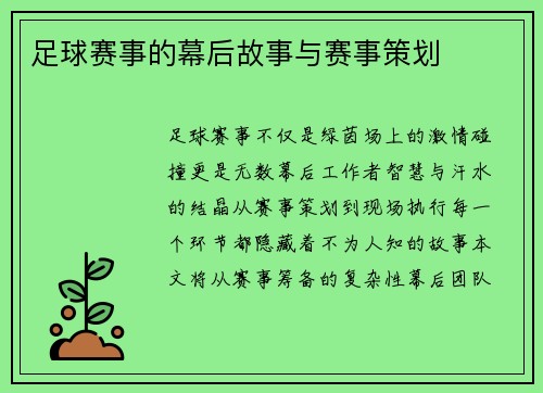 足球赛事的幕后故事与赛事策划