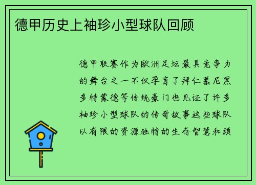 德甲历史上袖珍小型球队回顾